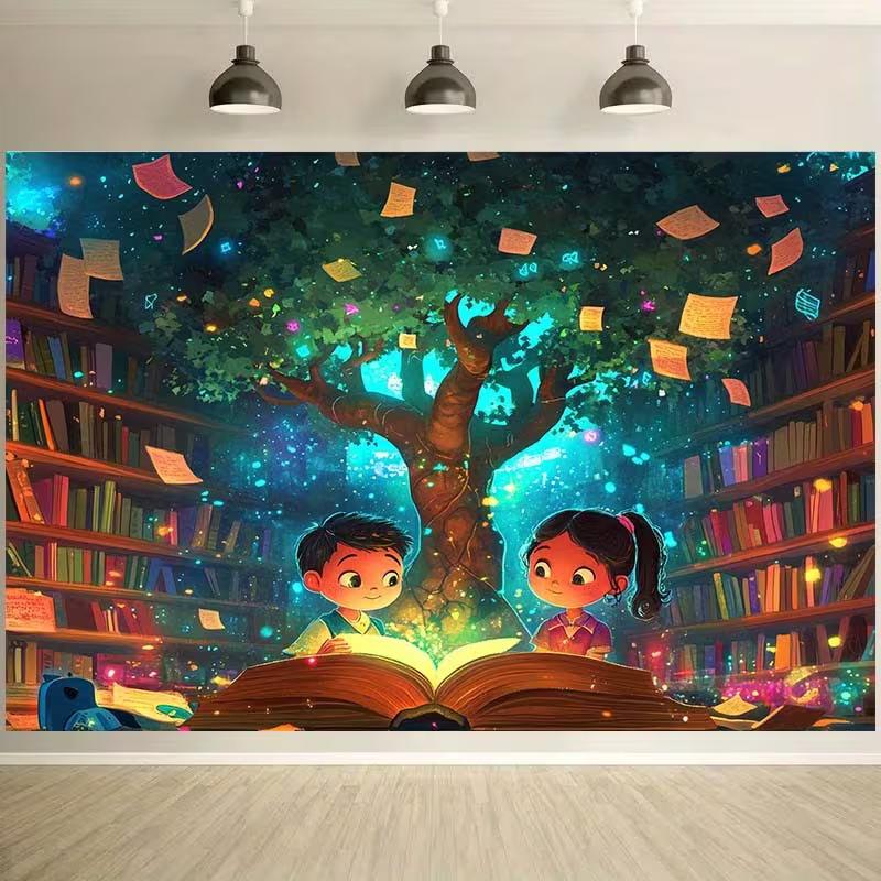 2D Магическое Дерево Чтения Фон, Фантастическая Книжная Тема Задний План 47.2x31.5inch/120*80cm