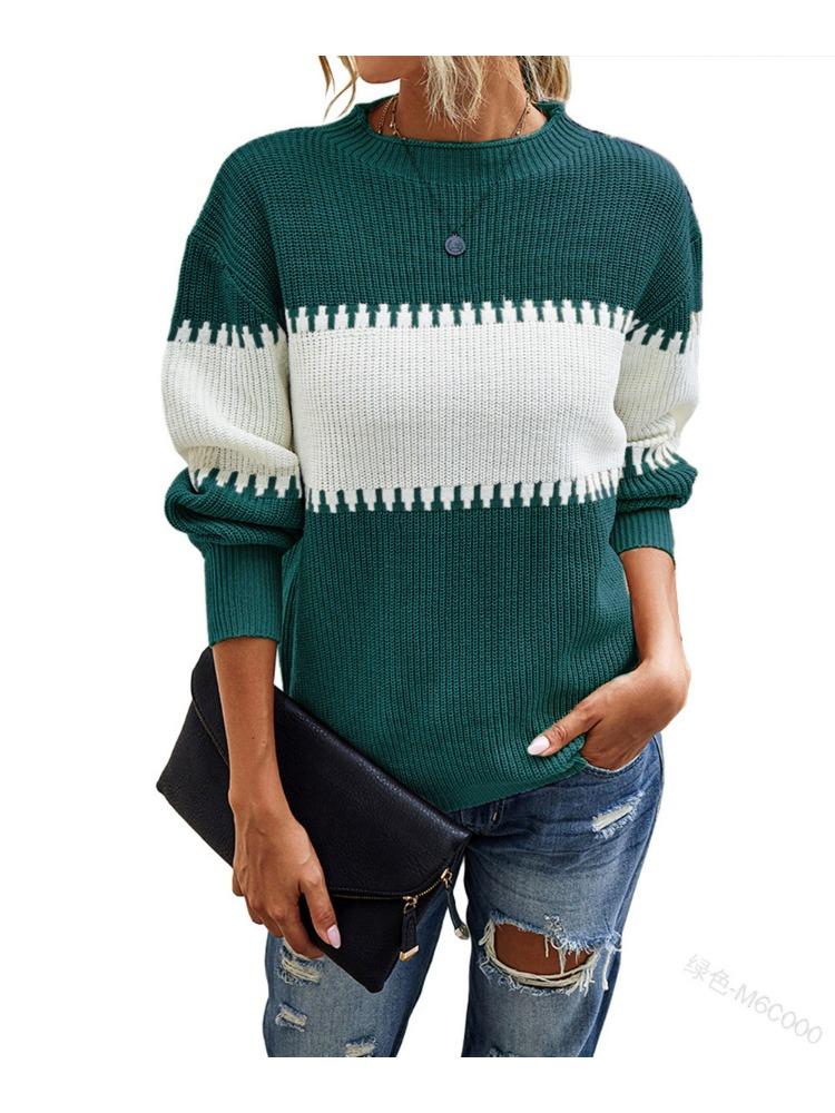 

Контрастный полосатый вязаный свитер для женщин, топ с рукавами-колокольчиками, женский топ с круглым вырезом, роскошный, свободного кроя, стройнящий и универсальный XXL зелёный