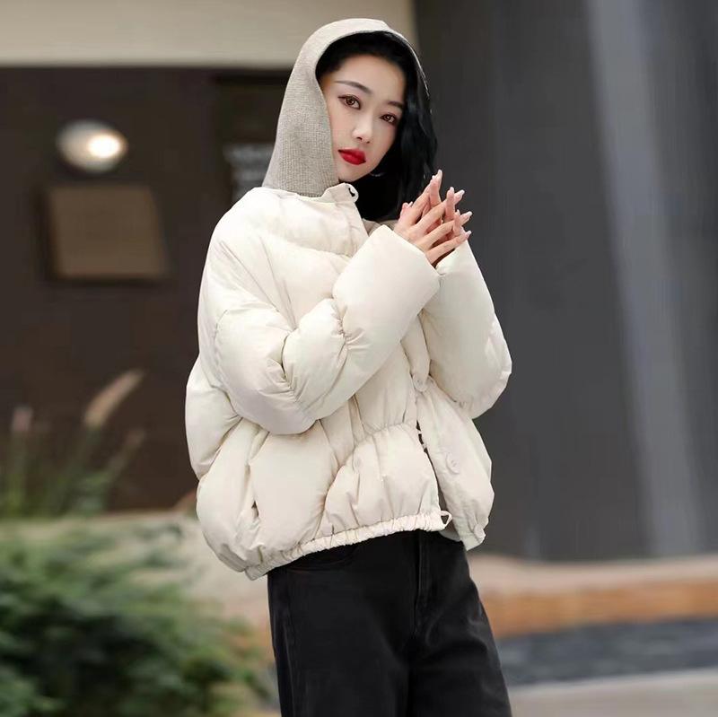High-end white duck down knitted hat down jacket women's short 2025 winter fashion splicing warm literary jacket