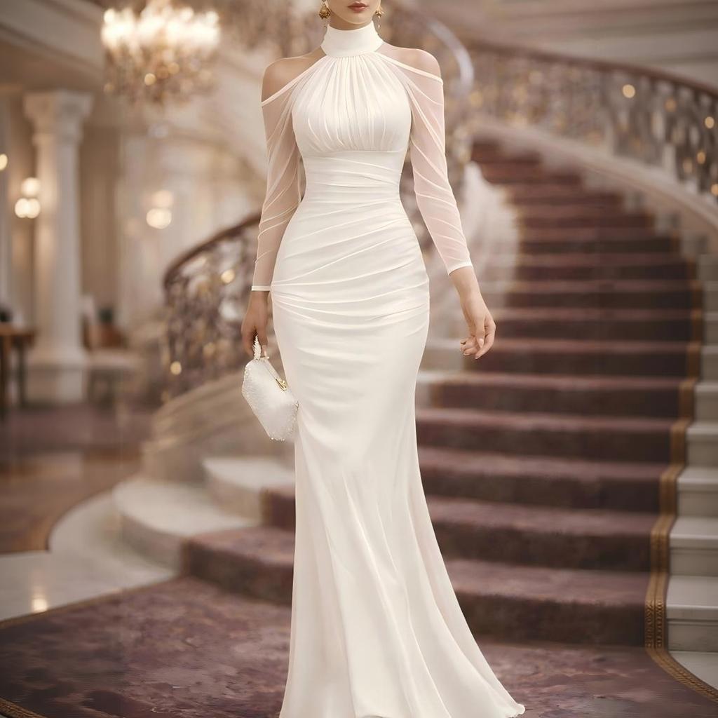 Women Halter Neck Long Sleeve Evening Dress Sheer Mesh Off Shoulder Floor Length Formal Gown Ruched Waist Maxi Dress