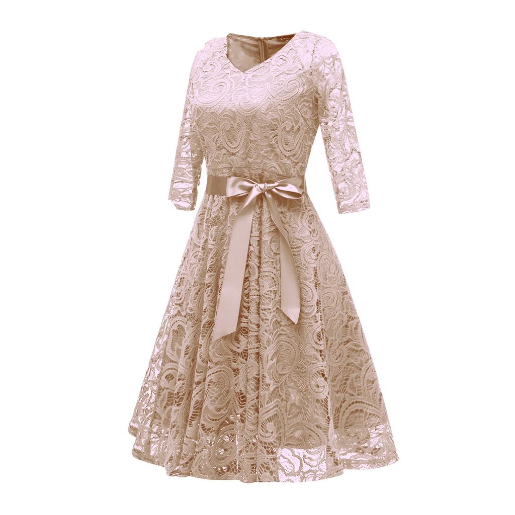 Dámská móda Vintage retro tenké večerní šaty s krajkovým výstřihem do V s dlouhým rukávem