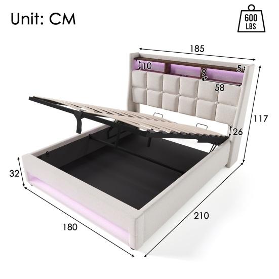 Upholstered Bed with USB 180x200cm, LED Double Bed with Slatted Metal Frame, Bed Frame Made of Linen Material Youth Bed (without Mattress)