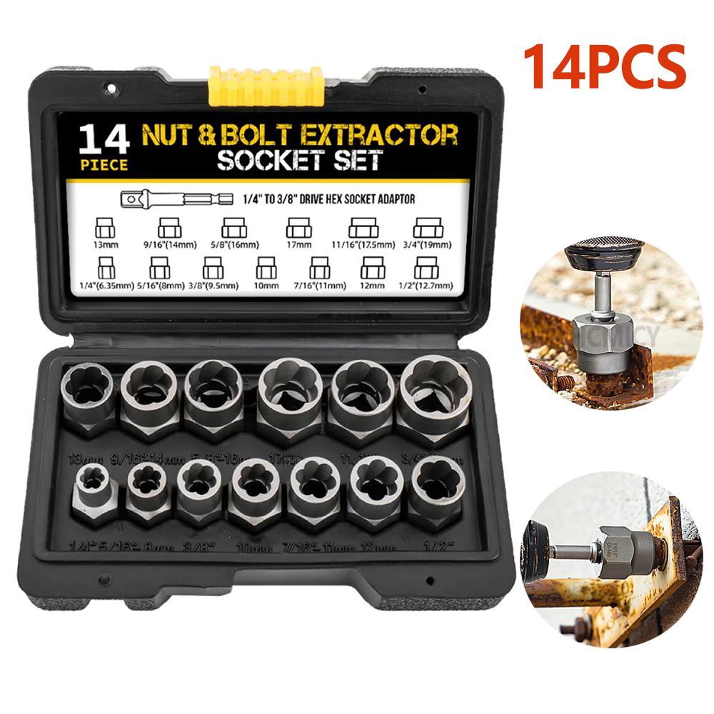 14 Pcs Impact Bolt & Nut Remover Set Bolt Extractor Tool Set Car Repair Tools with Solid Storage Case Car Accessories