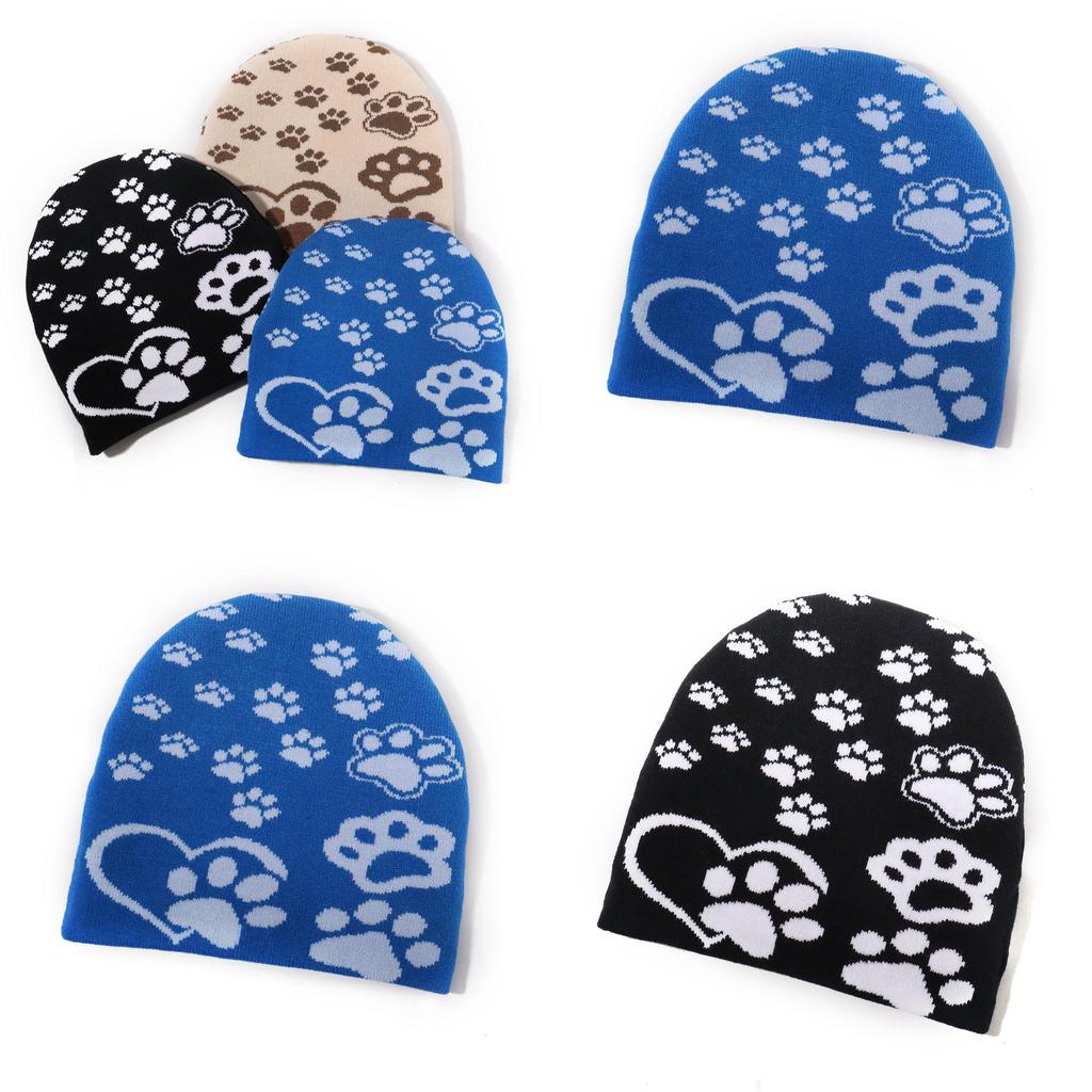 Acrylic Knitted Cap Featuring Paw Print Pattern For Autumn Winter Sports And Daily Use