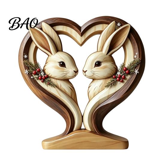 Hand Polished Wood Decor Wooden Animal Ornament with Stable Base, Double Layer Carved Figurine, Rustic Crafts for Office Heart Shape Sculpture