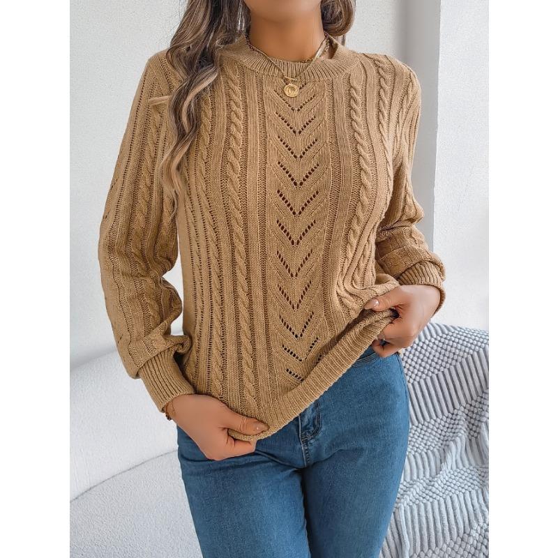 Women Autumn Winter Casual Solid Color Hollow Out Lantern Sleeve Pullover Sweater