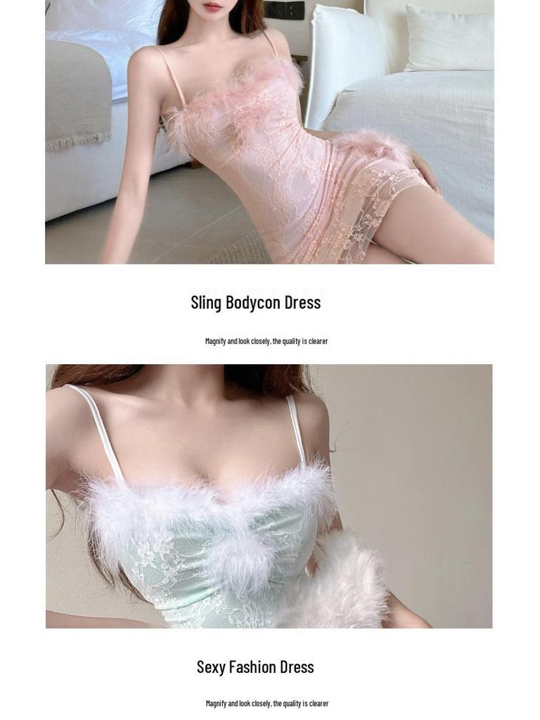 Spitzen-Weiß-Fellbesatz Tief ausgeschnittenes Bodycon-Camisole-Kleid