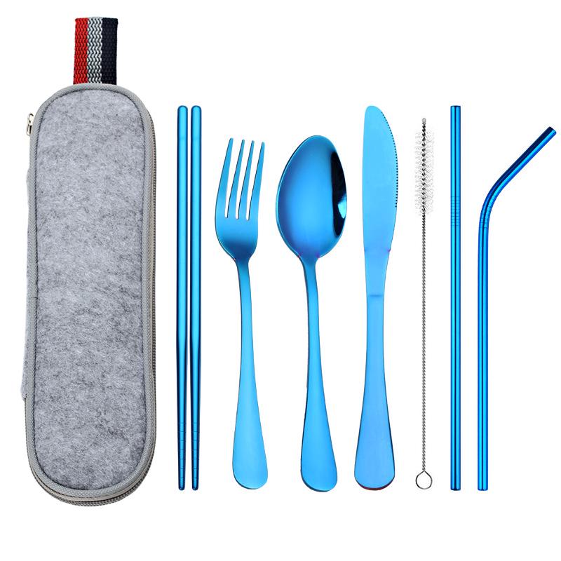 Travel Portable Stainless Steel Cutlery Set: Knife, Fork, Spoon, Straw, Chopsticks with Bag
