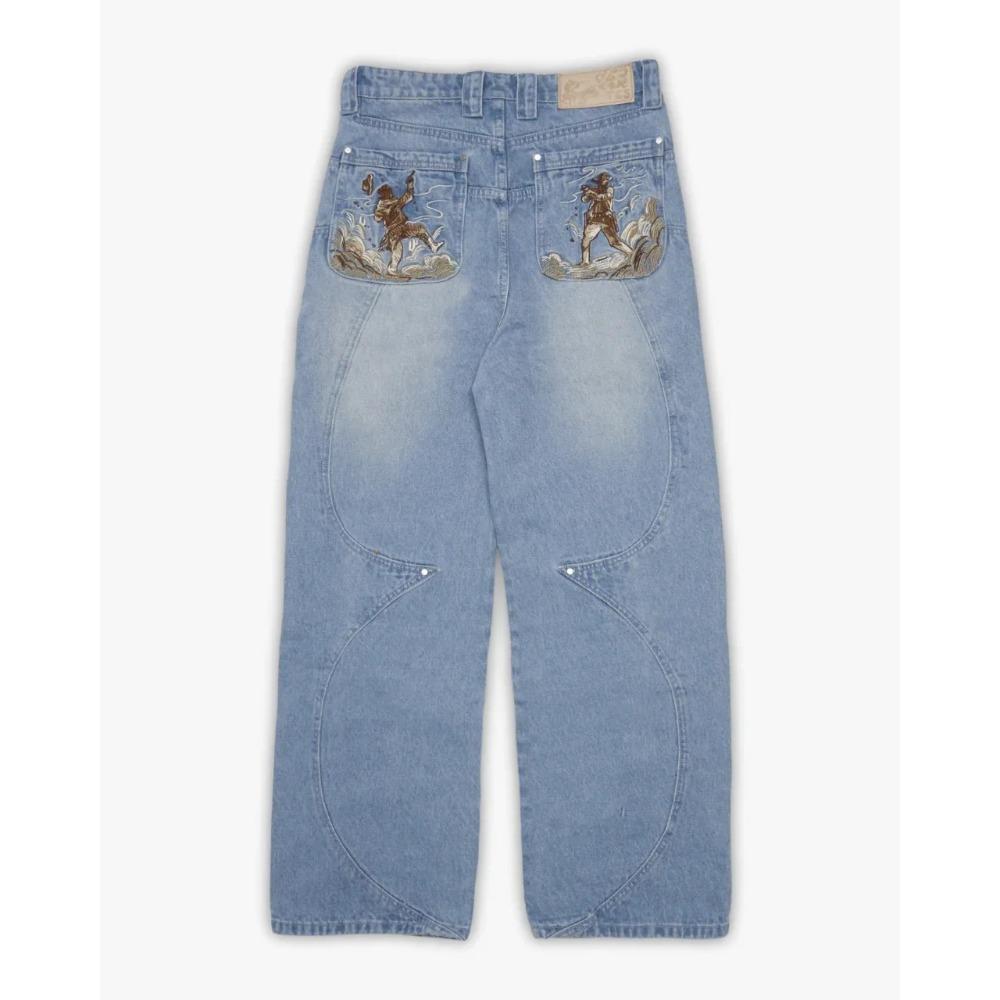 Damen Jeans mit hohem Bund und weitem Bein Lockerer Schnitt Sakura Knight Stickerei Helles Denim Hosen Amerikanischer Vintage Streetwear Lässige Lange Hosen