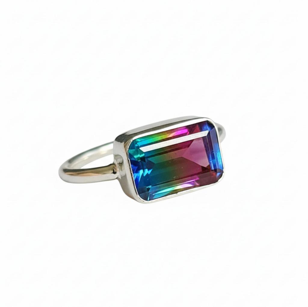 Watermelon Tourmaline Ring, 925 Solid Silver, Statement Ring, Tourmaline Quartz Ring, Emerald Cut Shape, Gift for Her, Birthstone Ring