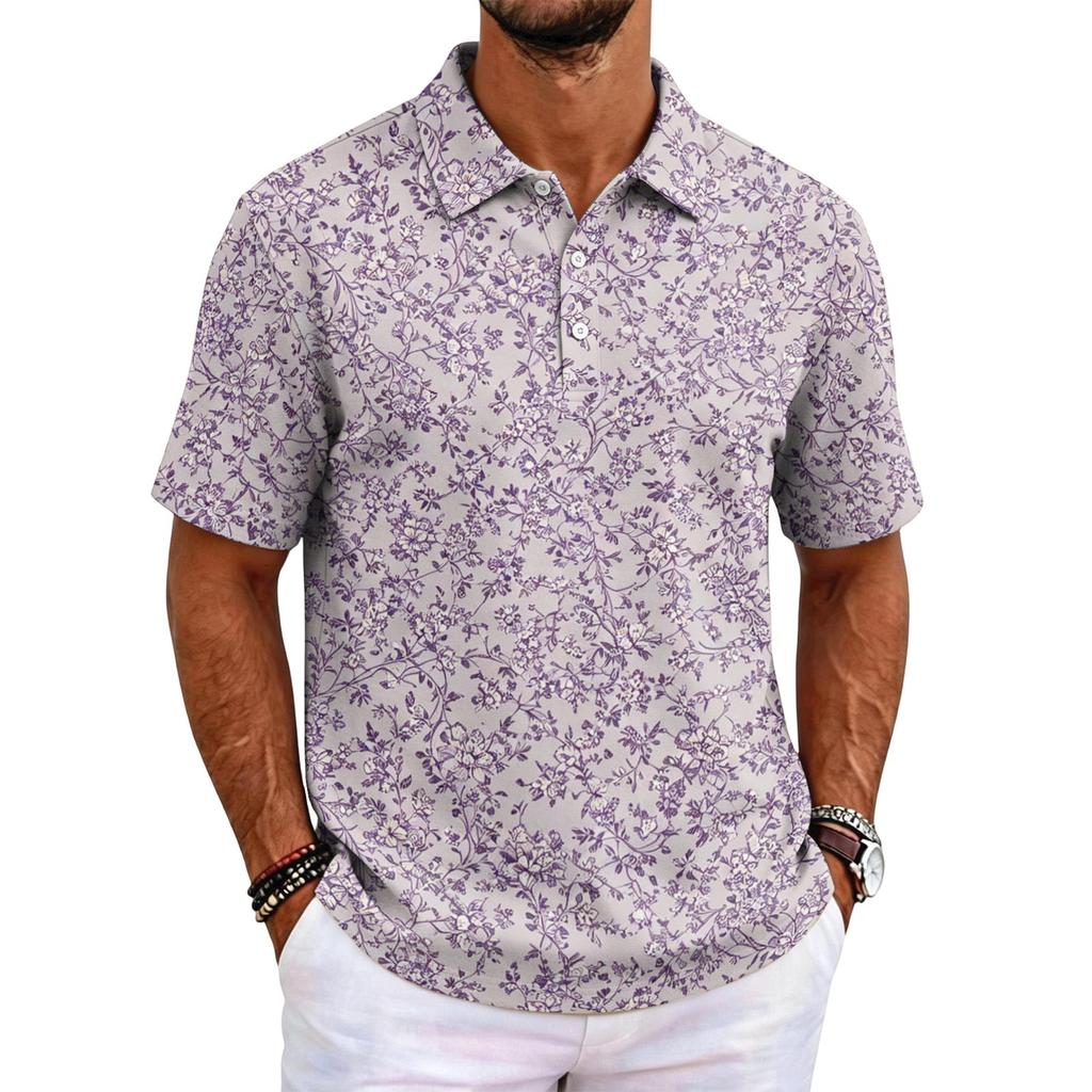 Men's Short Sleeve Polo Shirt Hawaiian Style Loose Fit Casual Top Button Down Collar Soft Fabric All Over Print Design