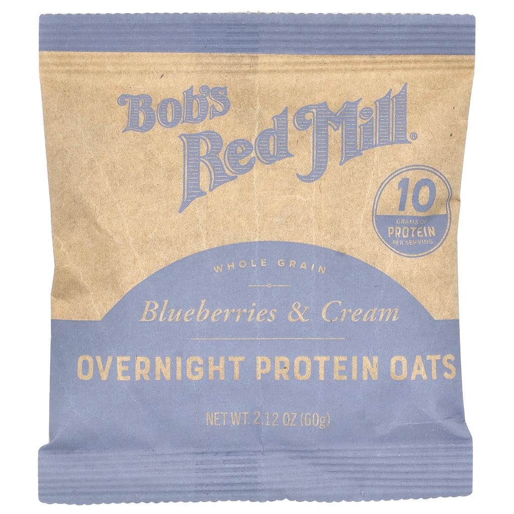 Bob's Red Mill Overnight Protein Oats, Whole Grain, Blueberries & Cream, 4 Pack, 60g (2.12oz) Each