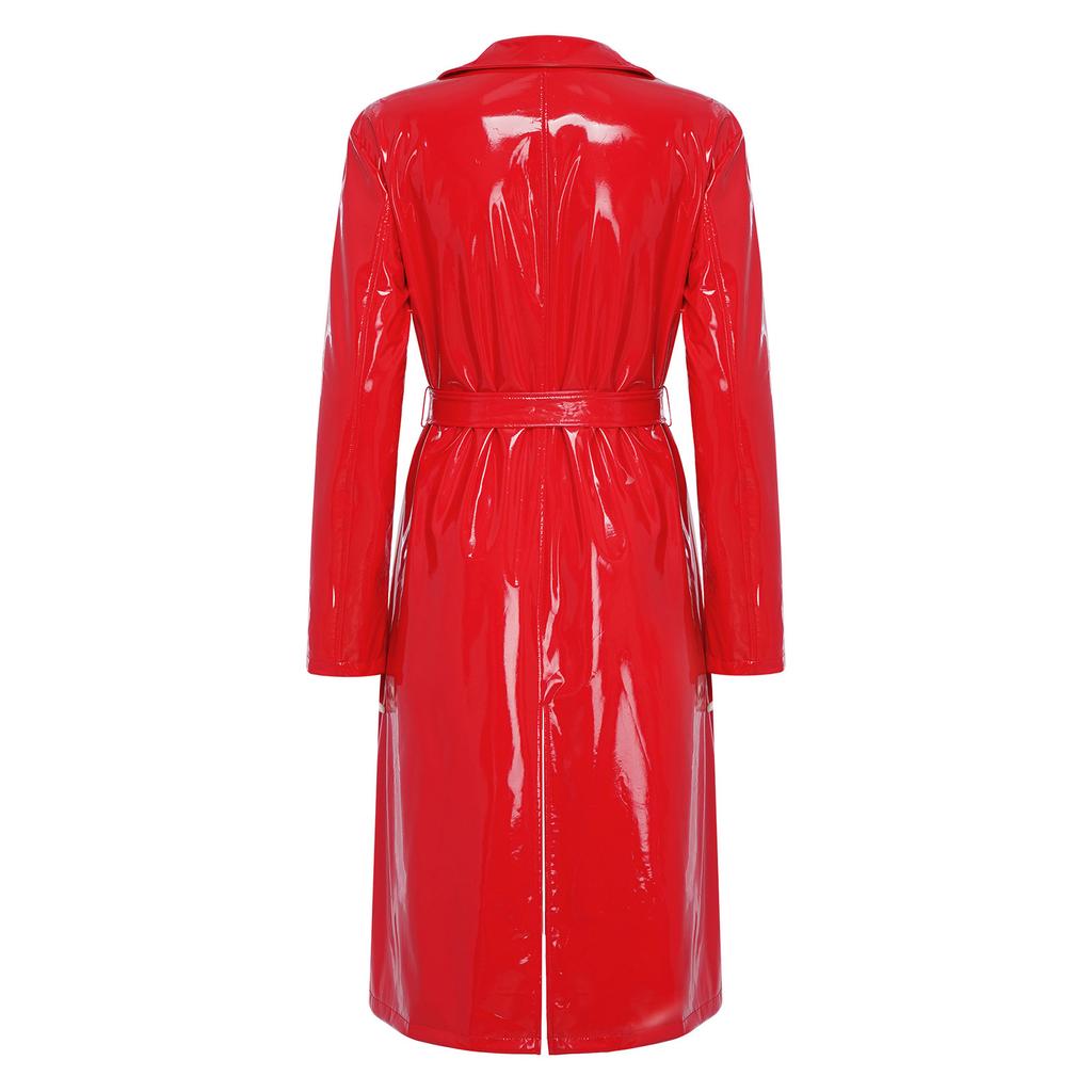 S-3XL Women‘s Long PU Leather Trench Coat: Glossy Lapel Blazer Style with Belt, Casual Open Front Jacket for Streetwear