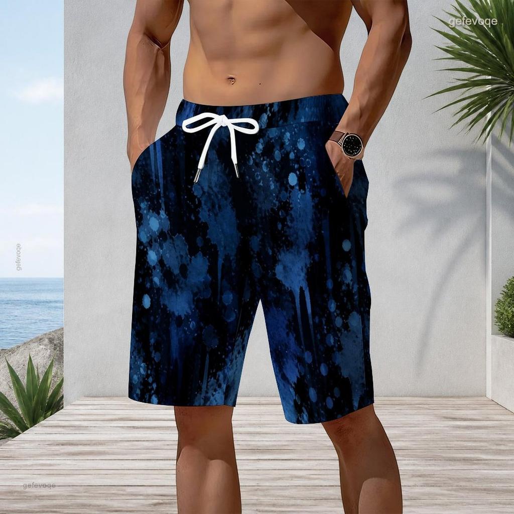 Men s Blue Ink Splatter Print Beach Shorts Quick Dry Drawstring Casual Shorts With Pockets For Summer Swimming Surfing