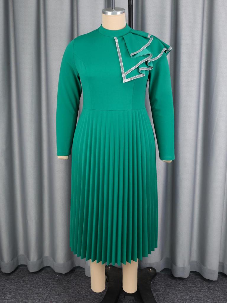 Women's Plus Size Ruffle Hem Long Sleeve Formal Gown with Stand Collar