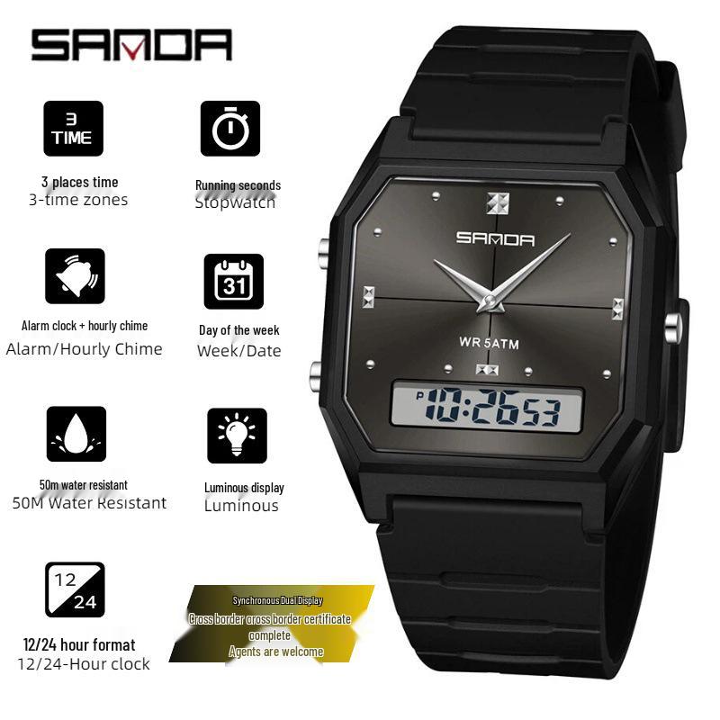 Sanda TEMU Men's Sports Watch: Hot-Selling, Waterproof, Luminous, Thin Square Design, Dual Display, Three Time Zones.