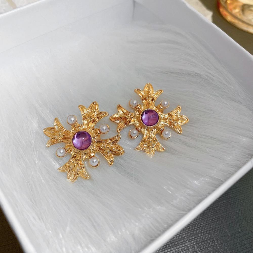 Silver Needle Diamond Pearl Purple Earrings French Retro Niche Design Earrings Light Luxury Premium Earrings