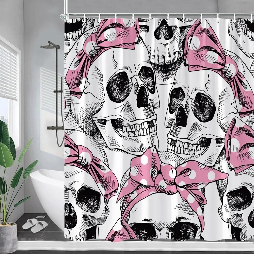 Creative Skull and Pink Polka Dot Bow Design Waterproof Shower Curtain,Unique Halloween Themed Home Decoration for Your Bathroom