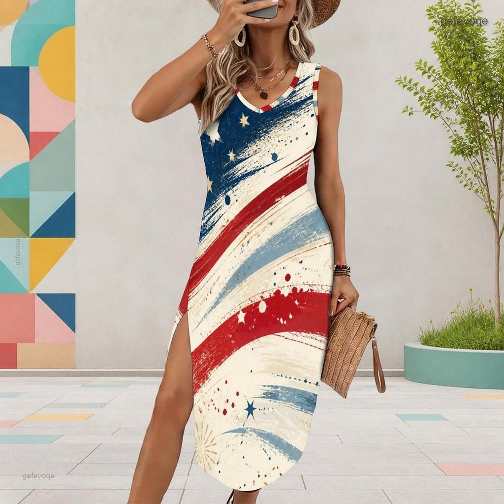 Women Plus Size Sleeveless U Neck Firework Printed Navy Blue Dress High Side Slit Curved Hem