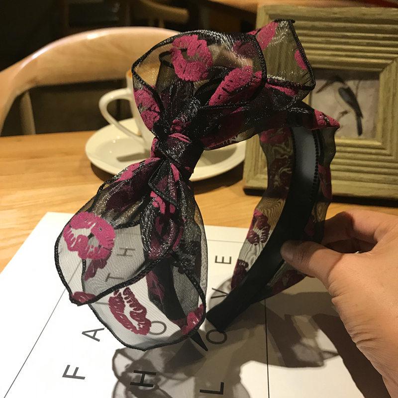 Korean Women Mesh Hairbands Knotted Hair Hoop Print Lips Bow Hair Accessories for Girls Fashion Female Headbands