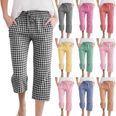 Damen Mode Tartan Muster Elastischer Bund Tasche Locker Lässig Sieben-Achtel 7/10 Hosen