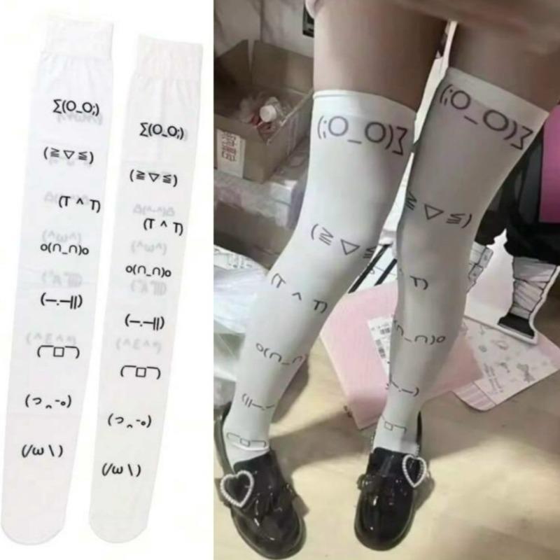 White Kawaii Expression Graffiti Letter Print Long Socks Tight Harajuku Over Knee Thigh High Stockings Y2K Cosplay Cute Socks