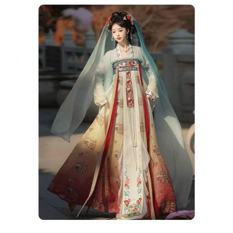 Womens Tang Dynasty Style Hanfu Set With Embroidered Floral Design Wide Sleeve Top Pleated Skirt Colorway