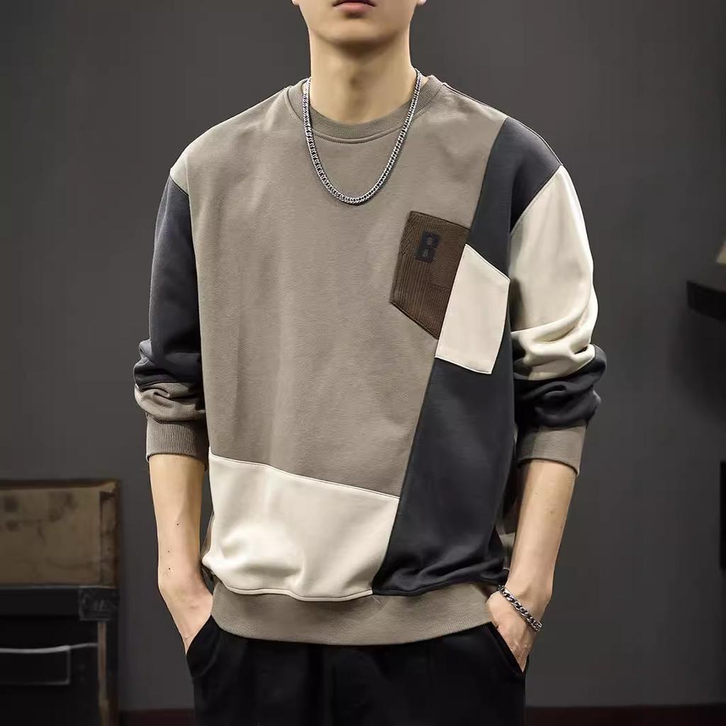 Autumn Design Sense Color Matching Pocket Sweater Men'S Heavy Abrasion Loose Large Size Round Neck American Casual Jacket