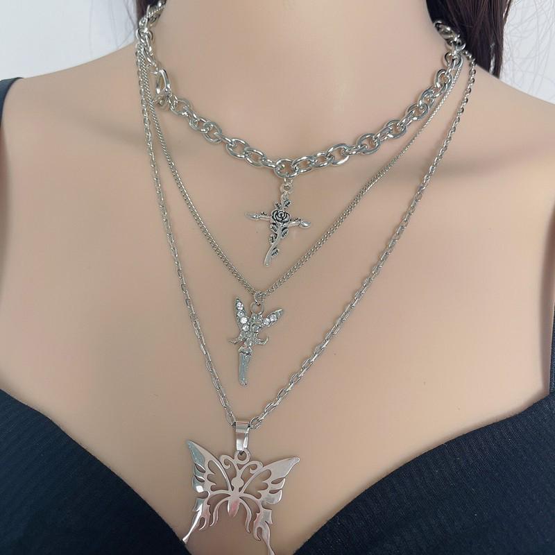Punk Multi-Layered Chain Necklace Women Silver Butterfly Cross Angel Pendants Hip Hop Grunge Street Jewelry