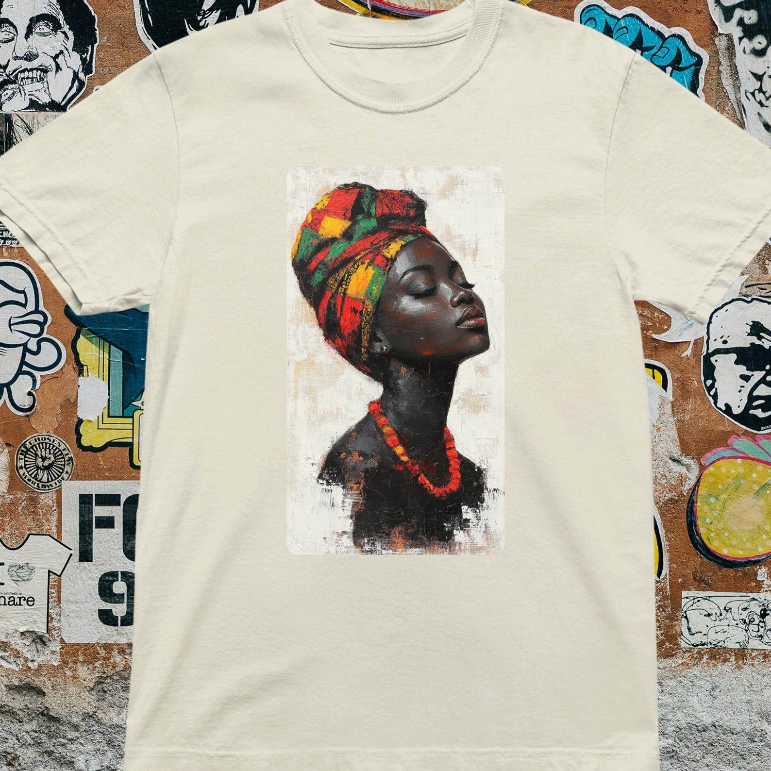 African Woman Portrait T-Shirt Colorful Headwrap Art Afrocentric Black Queen M