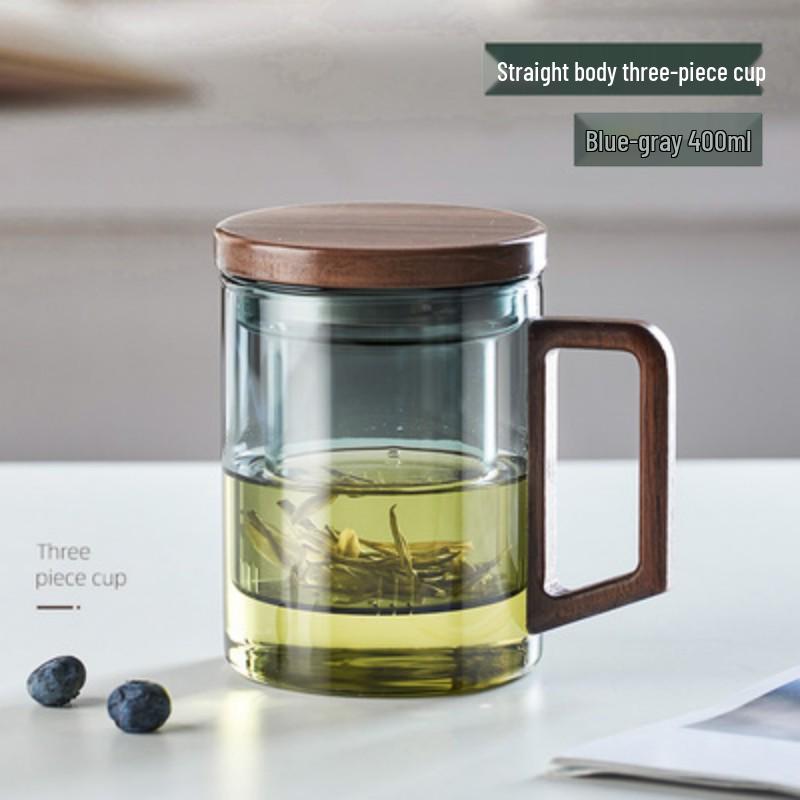 Luxury Smoky Gray Borosilicate Glass Tea Infuser Cup with Wood Handle