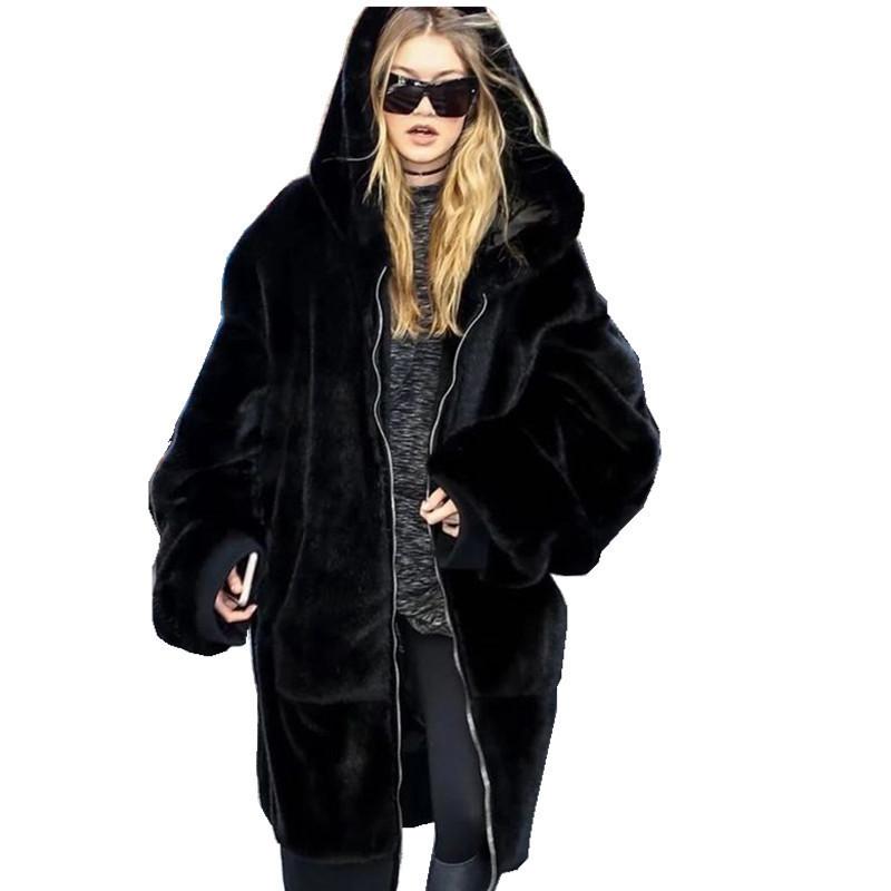 Autumn and winter imitation fur coat Rex rabbit hair thickened hooded long loose casual plush jacket large size men's and women's models