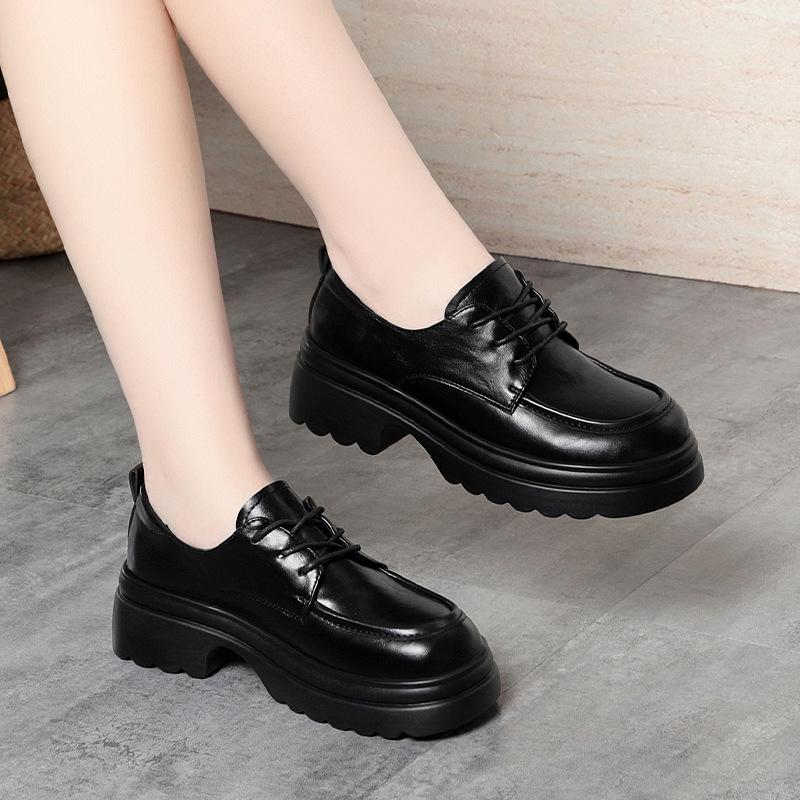Coarse Heel Women's Shoes British Style Small Leather Shoes Women's Spring and Autumn Lace-up Loafers Versatile Round Head Platform Single Shoes