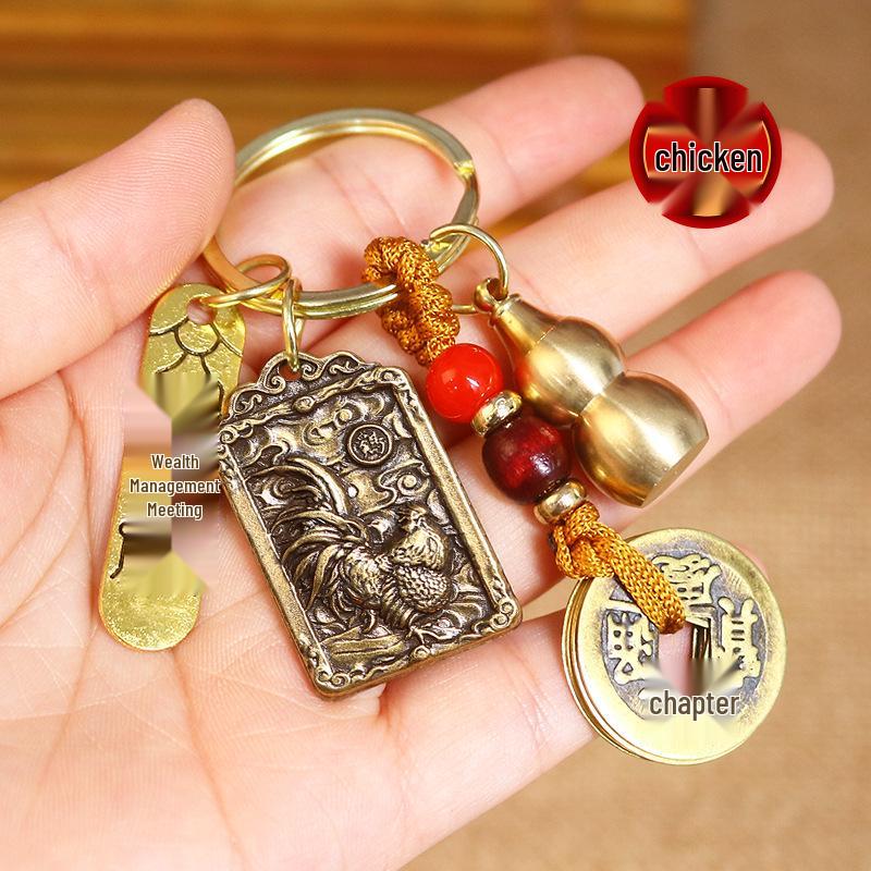 Breloc Față-Verso Zodiac & Zeul Marțial Zhao Gongming cu Monede Cinci Împărați & Dovleac