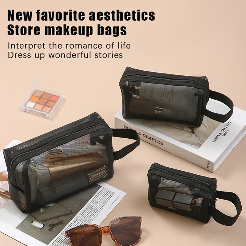 Nylon Black Mesh Cosmetic Bag Handbag Zipper Office Student Pen Bag Multifunctional Storage Bag Different Sizes