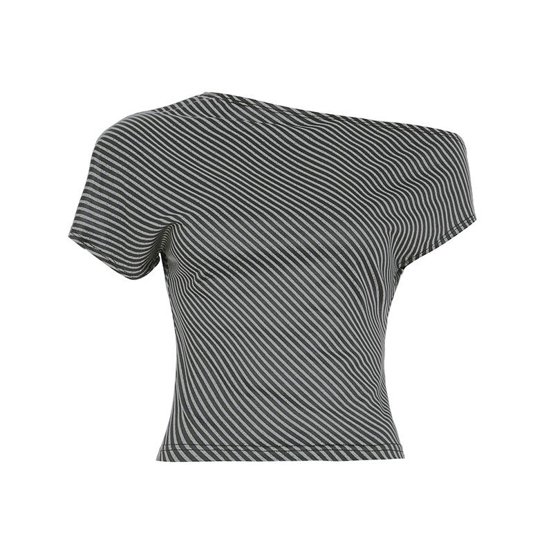 

Европейская и американская полосатая футболка с открытыми плечами и неровным низом - Летняя модная личность Small