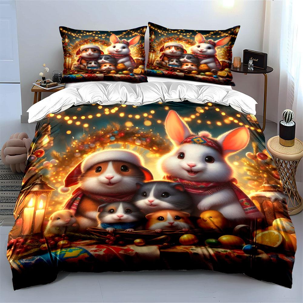 Festive Animals in Holiday Scene Bedding Duvet Cover Set (1*Duvet Cover 2*Pillowcases, without duvet insert)