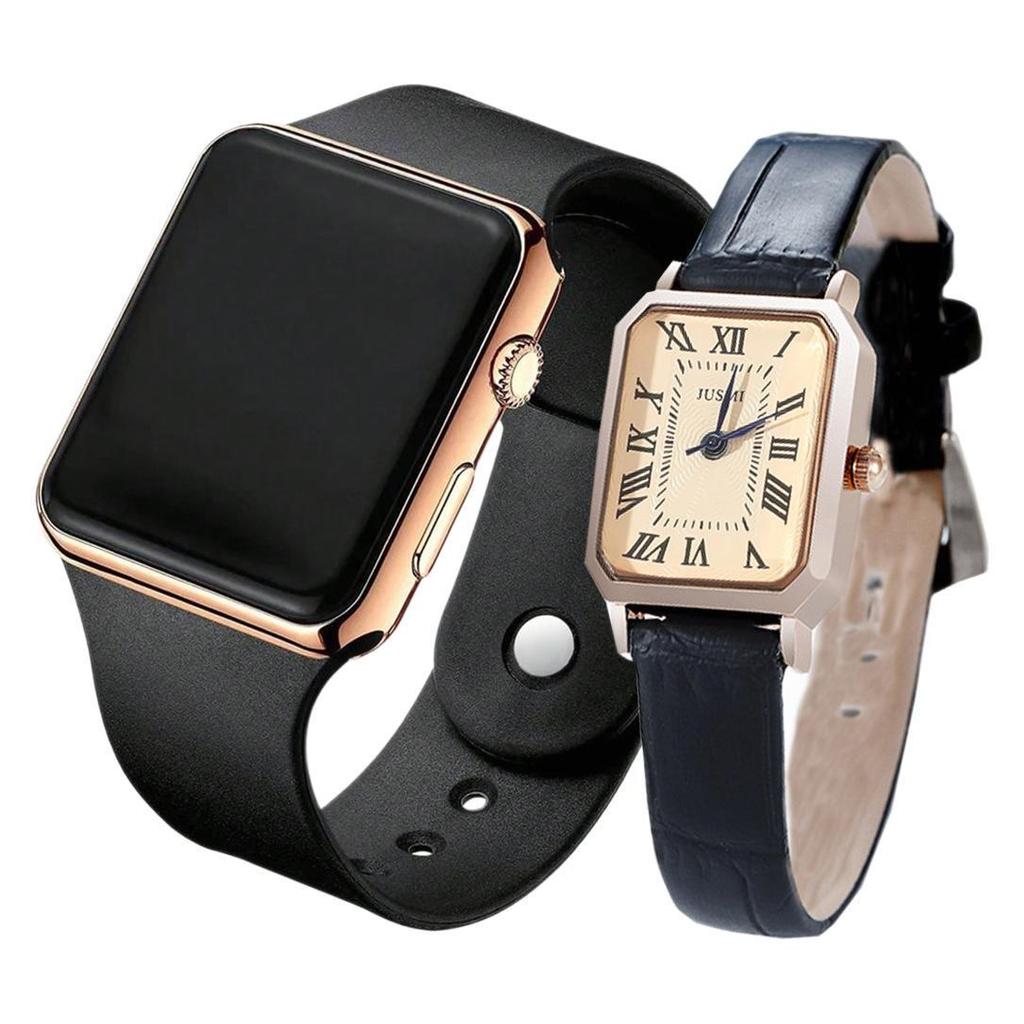 Versatile Retro Quartz Leather Strap Women's Watch + Sports Electronic Watch Set