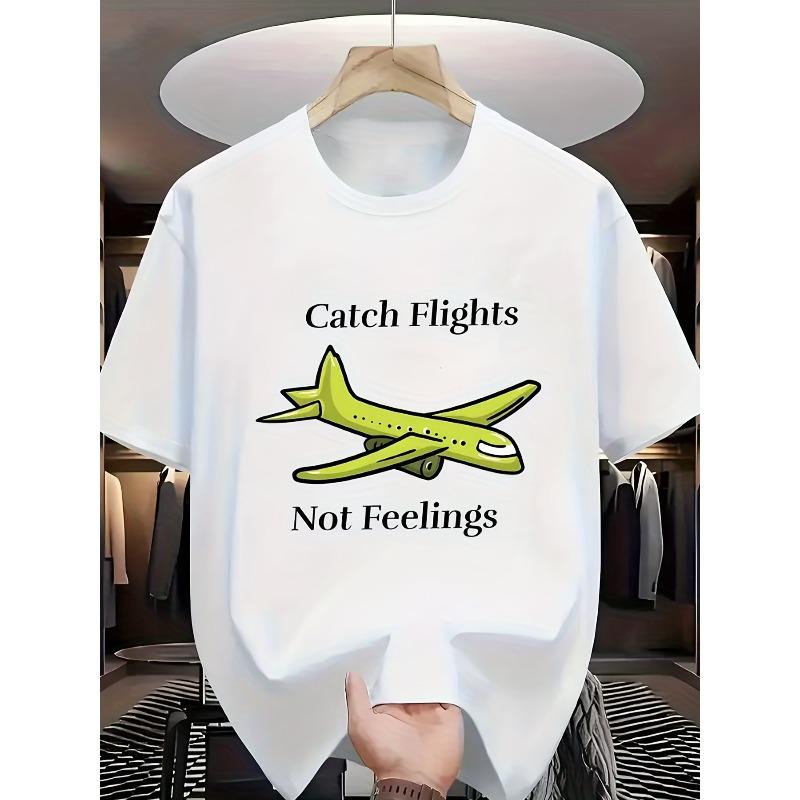 European sizes Men s T-Shirt Catch Flights Not Feelings Airplane Print T-Shirt - Casual Round Neck Short Sleeve Summer Travel Tee with Flight Slogan S белый