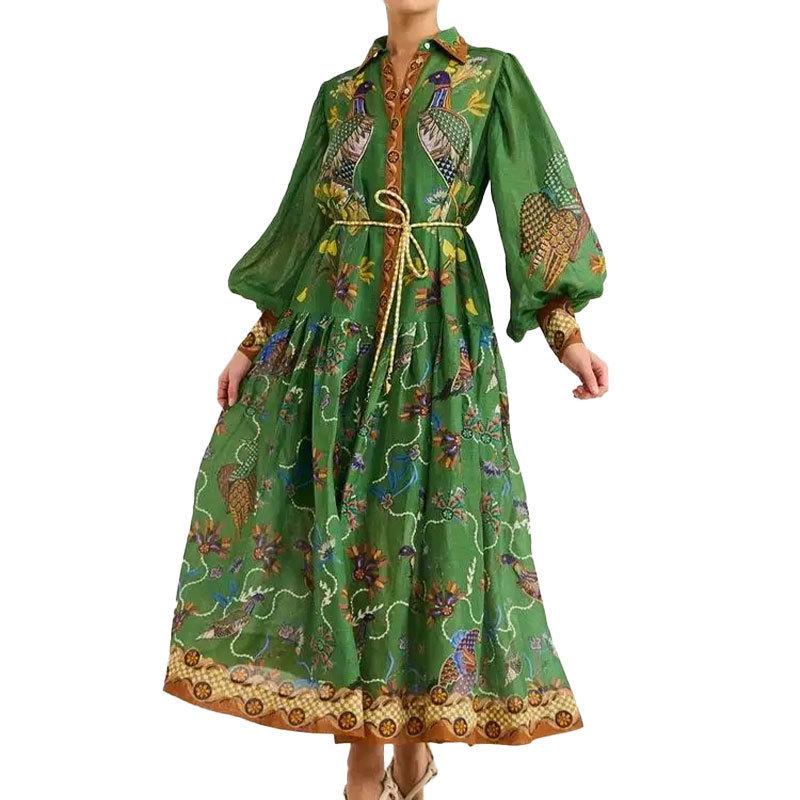 Vestido Feminino Retro de Manga Lanterna com Cadarço Estampado de Manga Longa