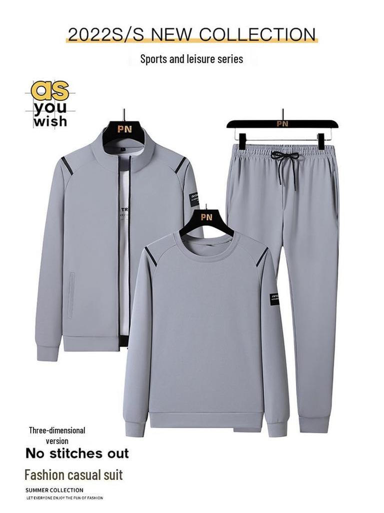 Men's Trendy Stand-Collar Sportswear: Three-Piece Set with Jacket, Long Sleeve Sweatshirt, and Pants for Autumn and Spring. Plus Size Available.