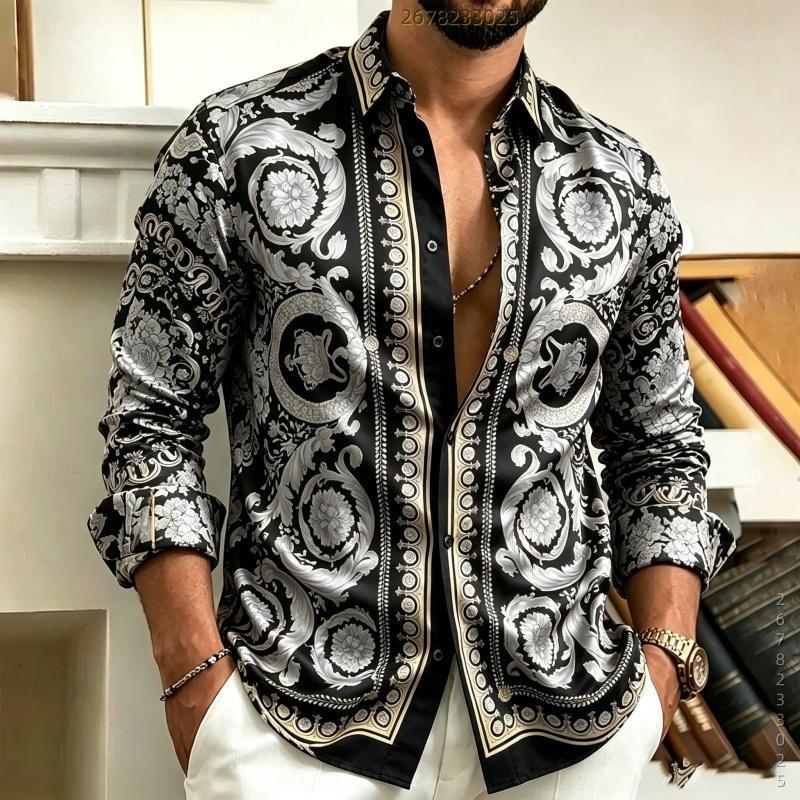 Men's Shirt Baroque Black Gold Printed Long Sleeved Shirt Slim Fit Collar Lining Casual Men's Clothing Comfortable Fabric