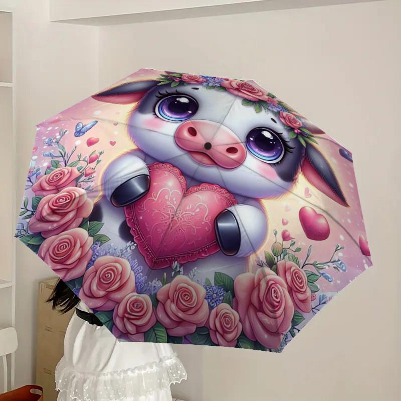 1pc Cute Cow with Floral Heart Umbrella with Plastic Handle,Suitable for All Seasons Home Travel Outdoor UmbrellaDD418