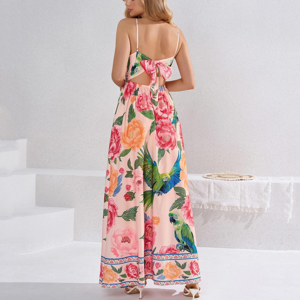 Summer new temperament printed suspender dress, European and American sexy holiday style backless strap waist dress