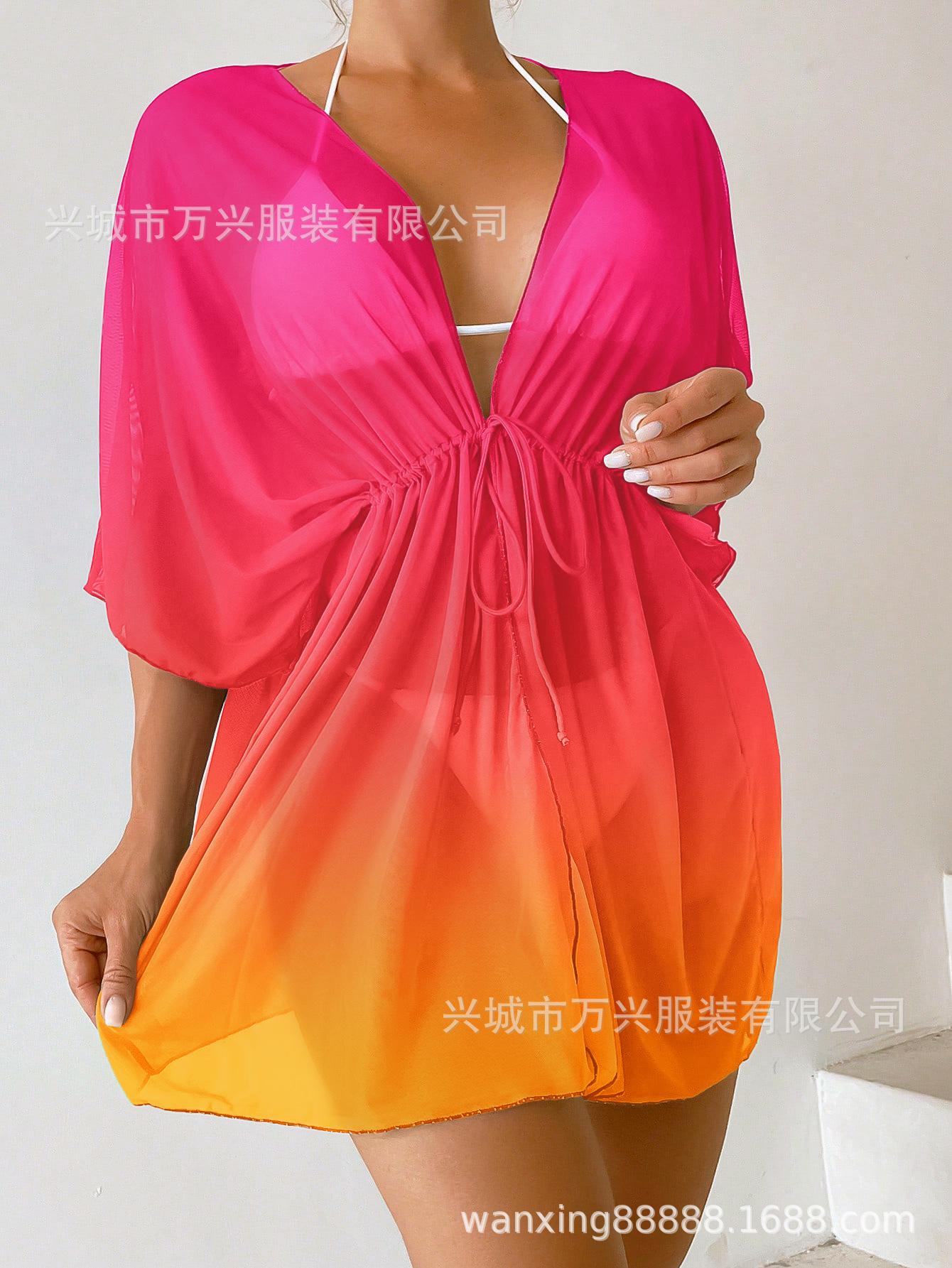 

2025 Gradient Beach Sunscreen Cardigan Bikini Swimsuit Women s Outerwear Seaside Vacation Cover-up Swimsuit S червоний