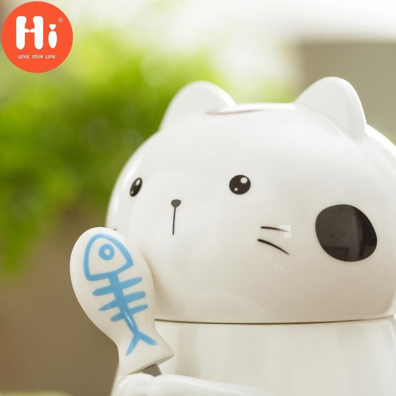 Hi Super Cute 3D Animal Cat Roztomilý keramický šálek na vodu Milovníci kreativní velkokapacitní hrnek s krytem šálek kávy
