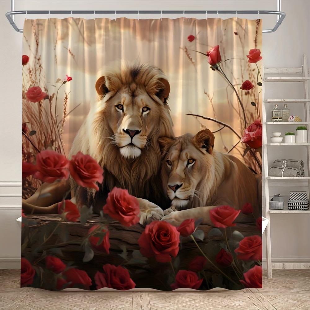 

3D Lion and Rose Print Bath Curtain Waterproof & Mildew-Resistant Home Decor Adds Artistic Touch to Bathroom Space W90XH180cm