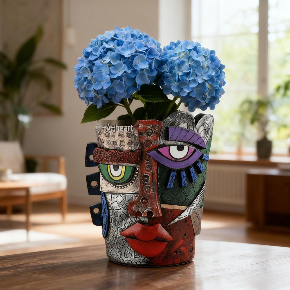 Mayan Abstract Colorful Resin Flower Pot for Garden & Living Room Décor, Green Plant Succulents & Bonsai Display