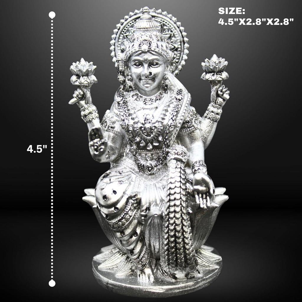 Goddess Lakshmi Laxmi Devi MATA Idol - 4.5 Inches Polystone Material Murti - Colour- Brass, Silver – Perfect Statue