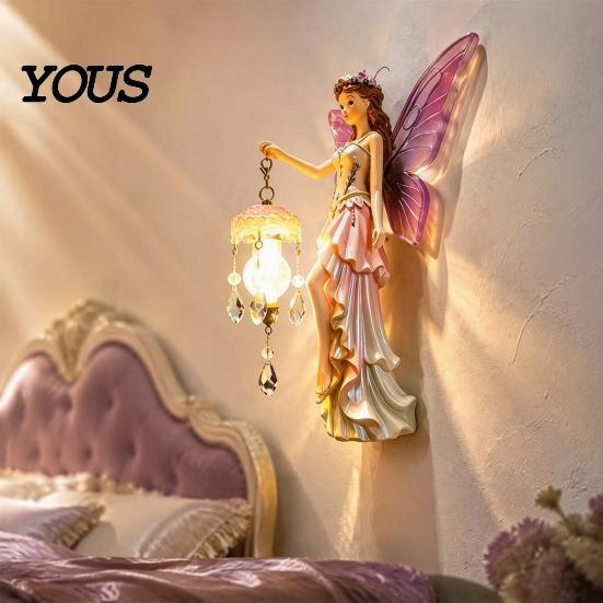 Artistic Wall Lamp for Living Room Fairy Night Light, Resin Elf Sculpture Lantern Bedroom, 3D Flower Hanging Art Decor with Faux Crystal Pendant,